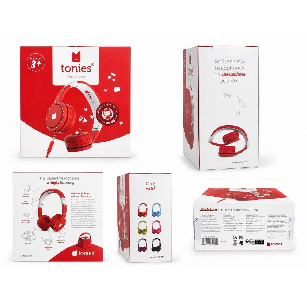 New tonies Fold-and-Go On-Ear Wired Kids Headphones Red/White 3.5mm Foldable